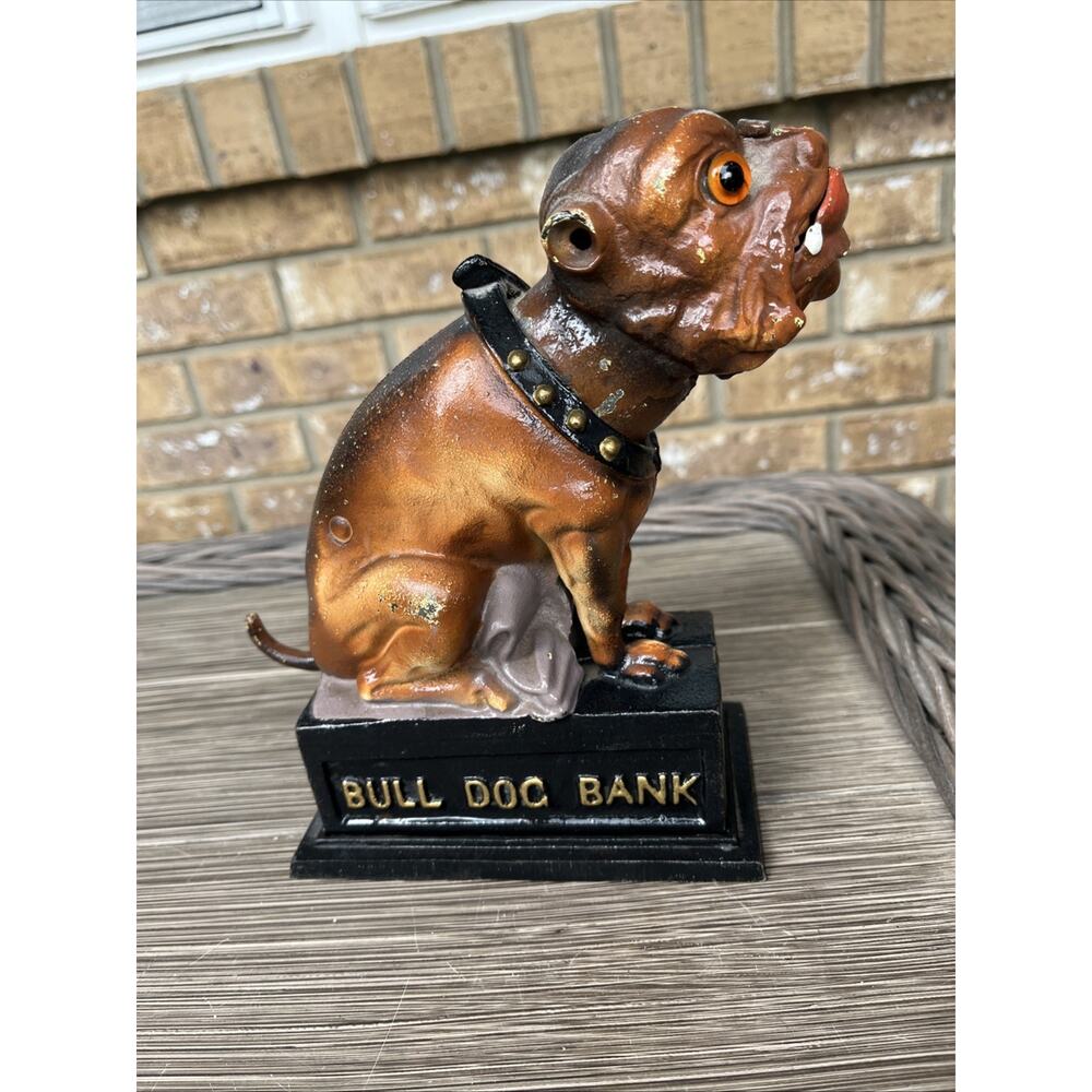 Vintage Original Book Of Knowledge Bull Dog Cast Iron Mechanical Bank Works